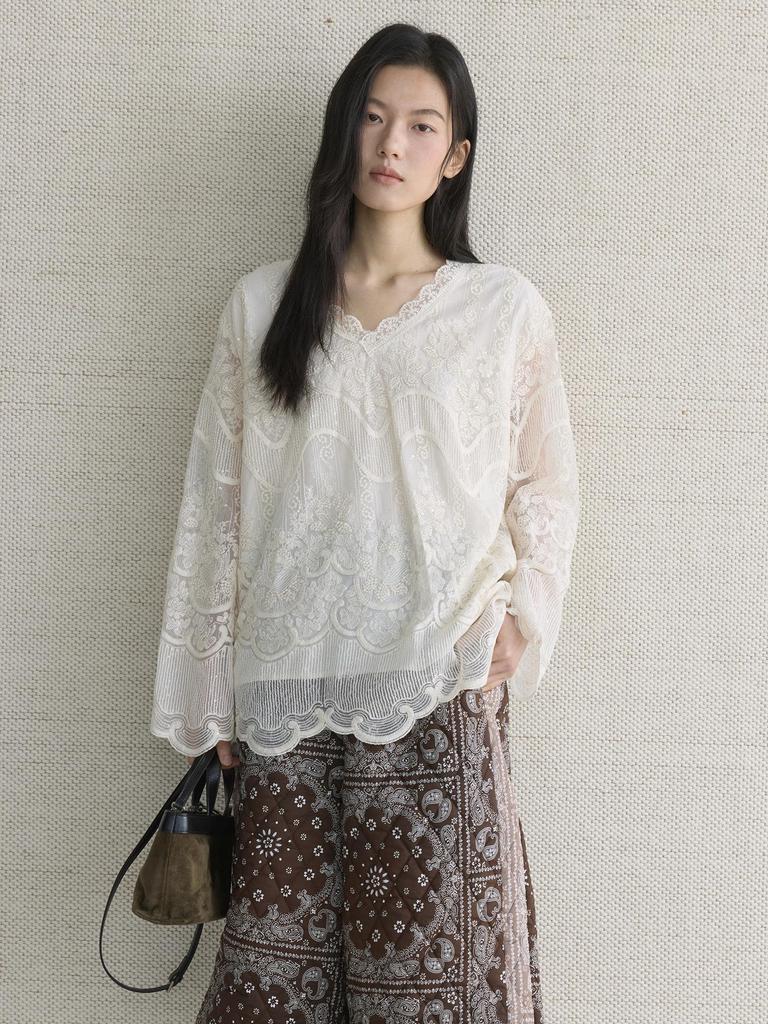 Elegant 3D Embroidered Lace V-Neck Double-Layer See-Through Top for Women