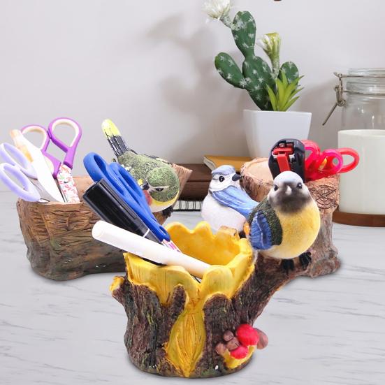 

Simulated Bird Pen Holder Resin Stump Bird Stationery Pencil Stand Organizer Container Home Office Desktop Decoration Ornament C