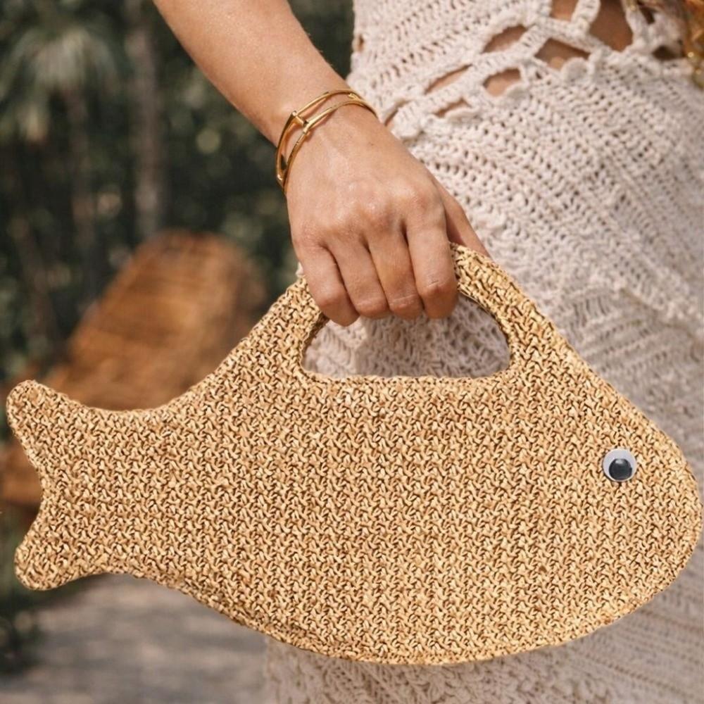 Large Capacity Woven Bag Knit Shopping Bag Casual Fish Shaped Handbag  Picnic