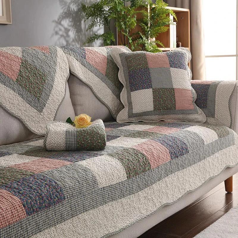 Grid Anti-Slip Sofa Mat Living Room High-Quality Cotton Quilted Couch Cushion Towel All-Inclusive Corner Sofa Cover Decorate