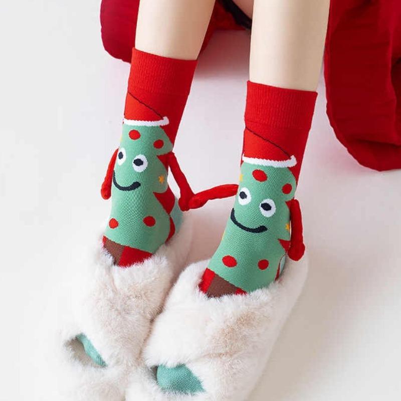 2026 New Women Winter Christmas Hand in Hand Socks Mid Tube Pure Cotton Magnetic 3D Creative Personalized Couple Socks