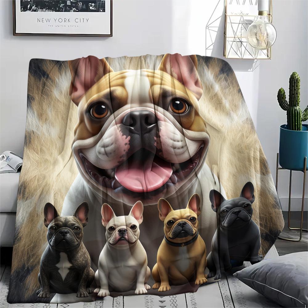 1Pc French Bulldog Print Flannel Blanket, High quality Comfortable for All Seasons, Home Decor, Warmth and Comfort, Perfect for Gifts