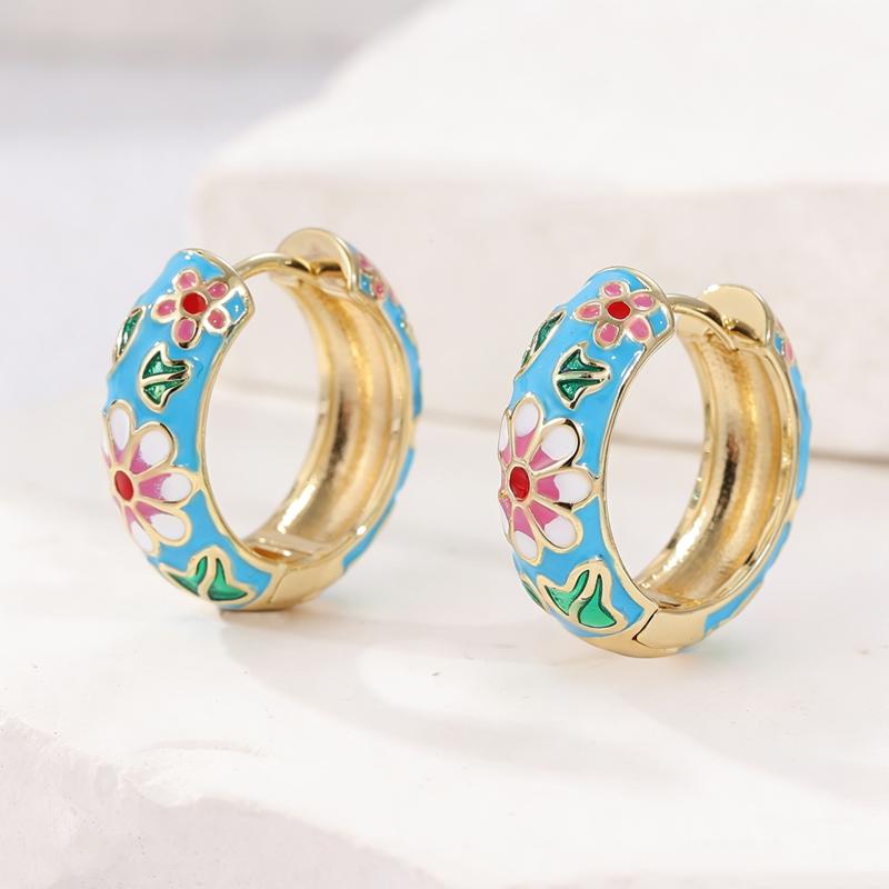 Gorgeous Gold Color Enamel Copper Hoops Women s Earrings Dazzling Hand Carved Flower Earrings Woman Vintage Zircon