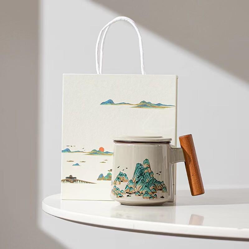 Thousand Li Landscape Ceramic Tea Infuser Cup Baichuan Cup - Wooden Handle - Gift Boxed