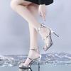 Comemore 2025  Sexy High Heeled Sandals Women Summer Heels Ankle Buckle Shoes Rhinestone Heart Shoe for Female Silver Champagne