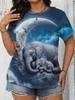 SpringSummer Plus Size Women's Mother Elephant and Elephant Cuddling Print Round Neck Casual Sport T-Shirt. Soft and Comfortable Machine-washable Fabr