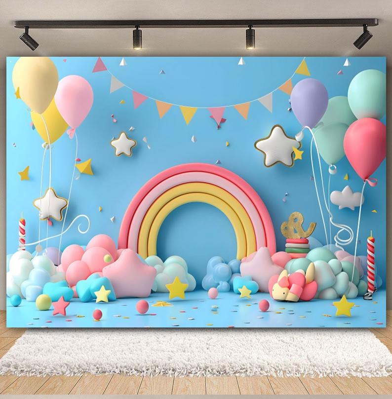 3D Balloons Rainbow Happy Birthday Photography Backdrop Colorful Girl Boy Birthday Party Baby Shower Decor Photozone Background