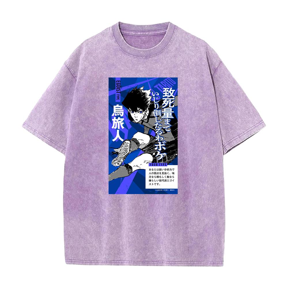 BLUE LOCK Anime Clothing Karasu Tabito Cool Print Washed T Shirt Men Street Cotton Tshirts Washed Manga Tee Harajuku T-shirt