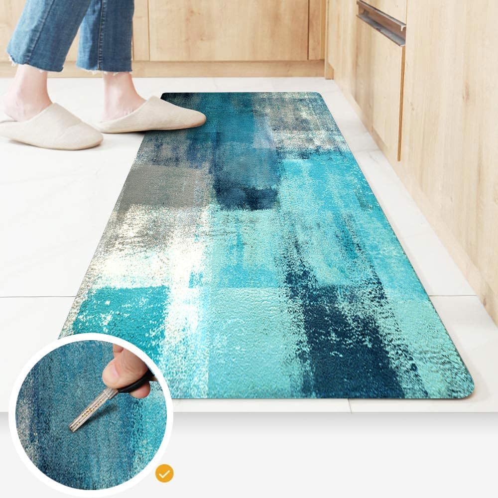 Modern Abstract Blue Gray Long Runner Rug, Watercolor Brushstroke Pattern Non-Slip Washable Floor Mat for Kitchen Hallway