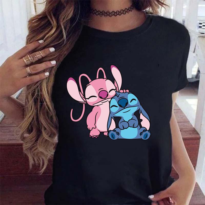 New Fashion Female Clothing Cartoon Disney Stitch Women's T-shirt Summer Short Sleeve Black Tops