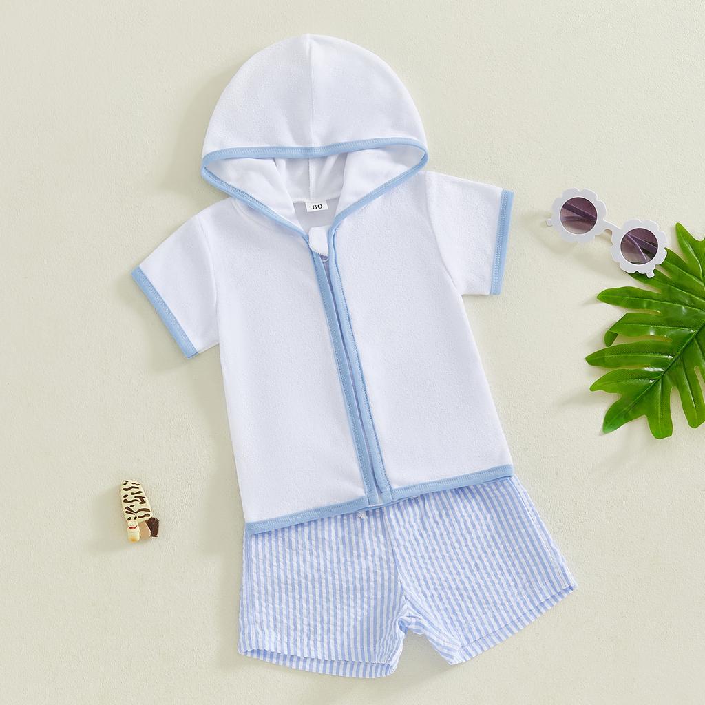 Toddler Boy Girl Beach Cover Up Set Short Sleeve Zipper Hood Tops with Stripe Print Shorts Outfit