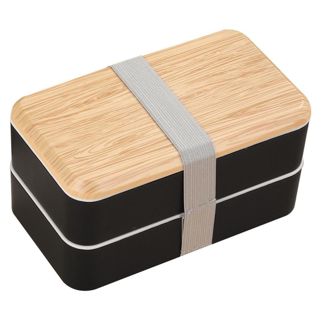 Black Double Layer Wood Grain Bento Box with Soup Cup Thermal Bag and Dipping Dish for Work School Lunch