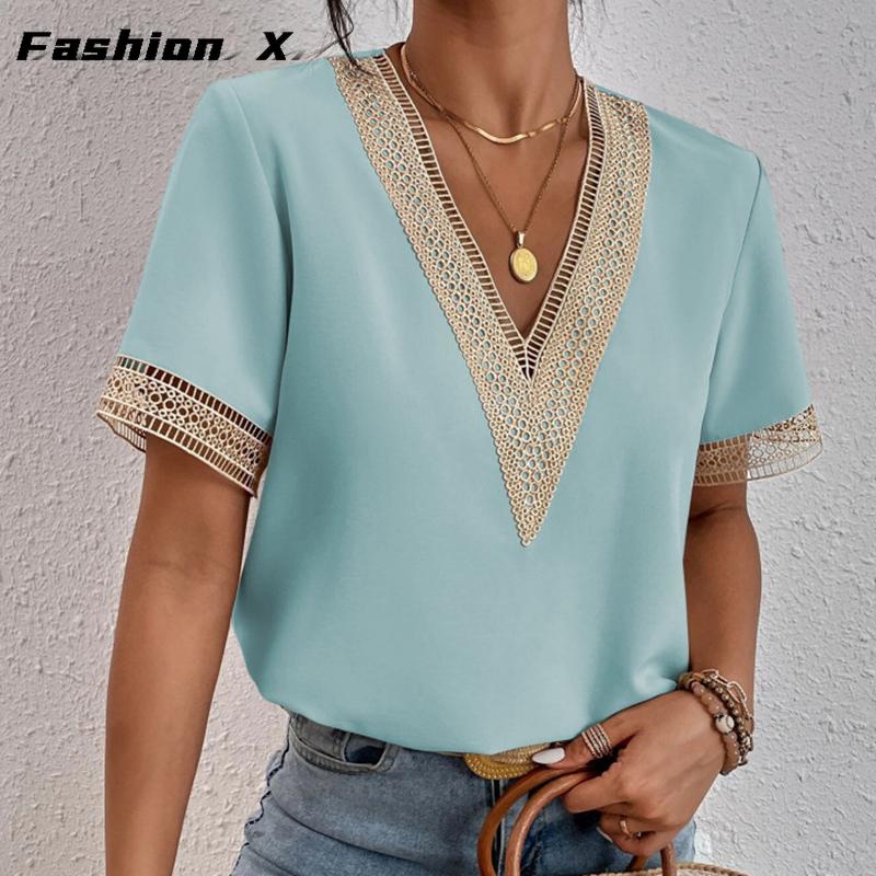 Damen Kurzarm Shirt Sommer T-Shirt V-Ausschnitt Spitze Lockeres Oberteil