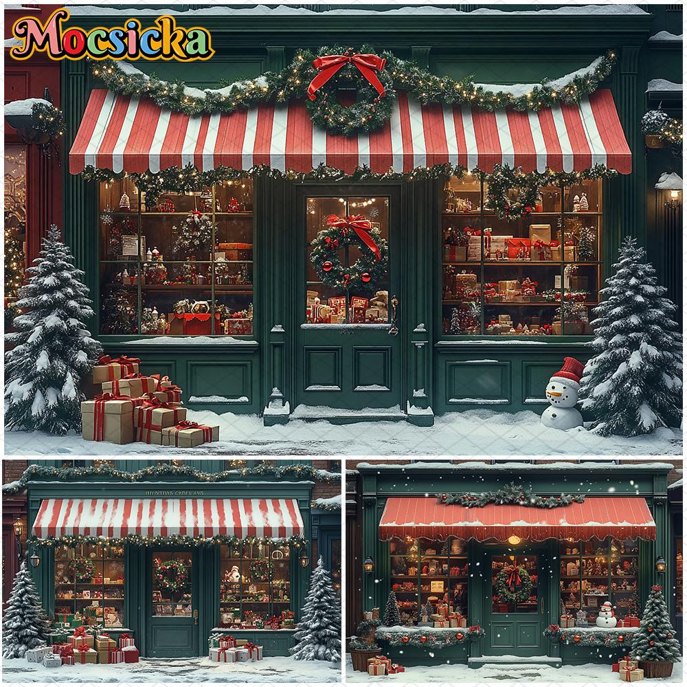 Mocsicka Christmas Shop Backdrop Photography House Tree Party Children Baby Photo Background Snow Gifts Store Decorations Banner