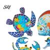 Sun-proof Outdoor Wall Art 4 Pcs Wooden Beach Decor Colorful Sea Turtle Fish Crab Seahorse Garden Decorations Sculptures Ocean Theme for Fence