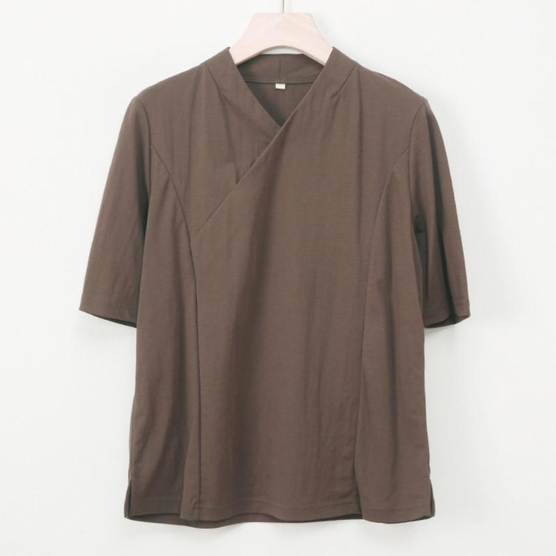 Johnature Women Chinese Style T-Shirts Solid Color V-Neck Seven Sleeve Summer Loose Casual T-Shirts