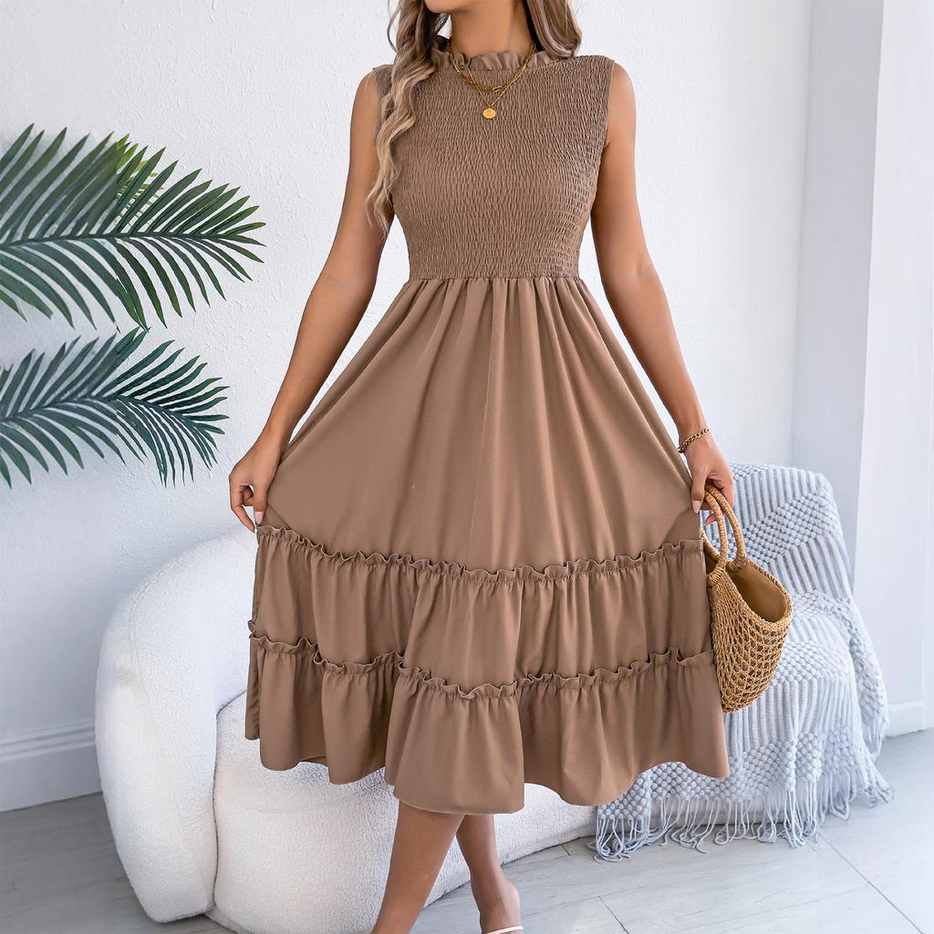 Women's Fashionable Color Round Neck Casual Sleeveless Dress With A Gathered Waist And Black Fungus Edge