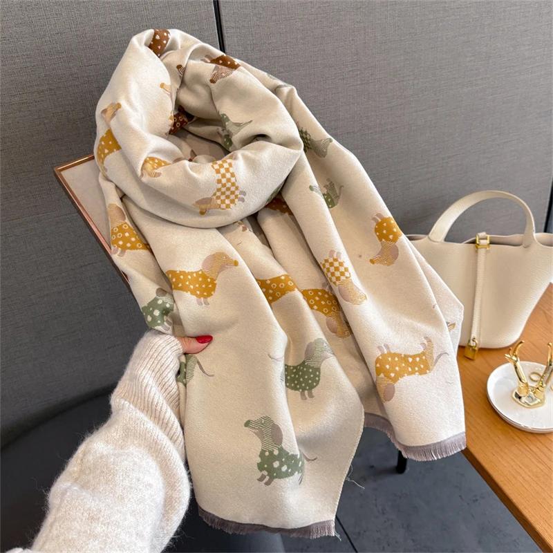 Winter Female Scarf Cashmere Shawls Wraps Women Dog Print Long Hijab Stoles Pashmina Bufanda Tassel Autumn Lady Headband