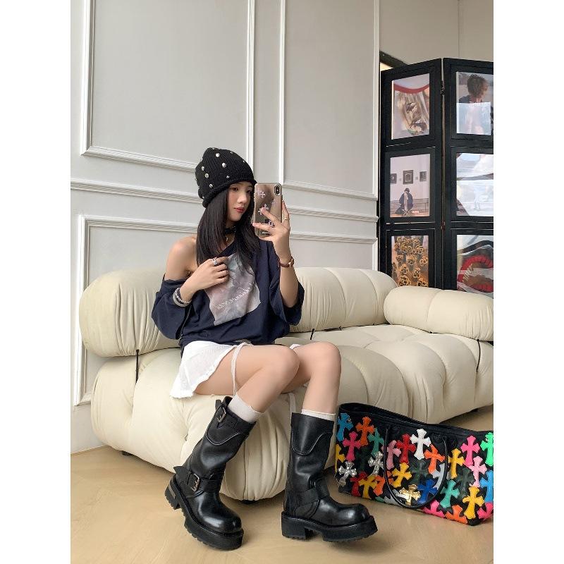 Cowhide Washed Cowhide Locomotive Boots Martin Boots Women's Short Boots Retro Street Dark Wind Heightened Thick-soled Medium Boots