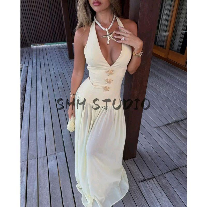 Summer Women clothes Holiday Style Loose Big Hemline Starfish Decoration V-neck Sleeveless High Waist Long Patchwork Dress