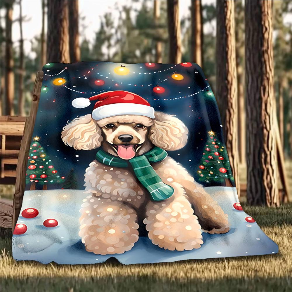 1pc Christmas Poodle Outdoor Flannel Blanket , Machine Washable Perfect Gift for Birthday , Holiday Travel Accessory , Durable Material