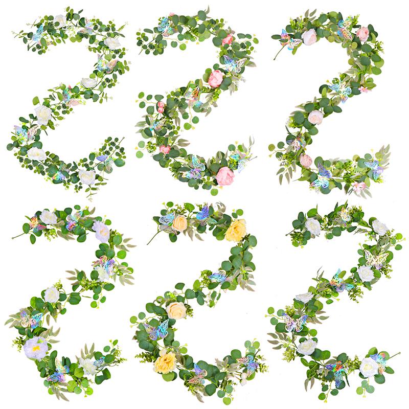 1PC Grüne Blattgirlande 180cm Künstliche Blumen Rebe Party Hochzeitsdeko Mit 3D Schmetterling Lebensechte Faux Floral Wand Akzente