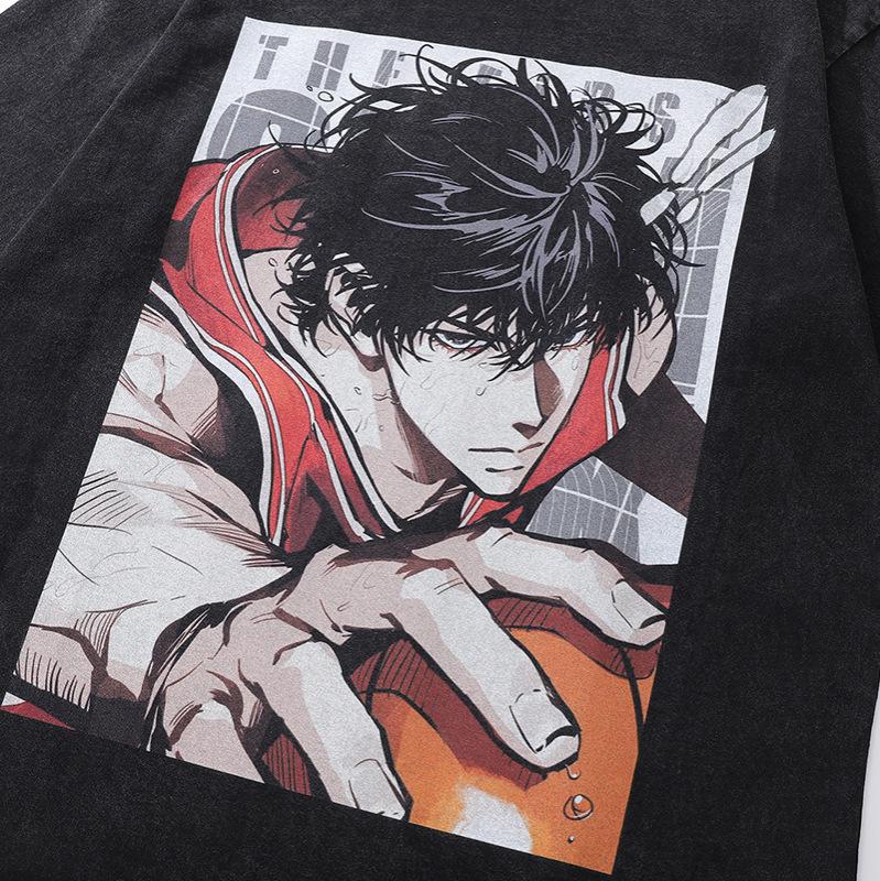 Japanese Cartoon Printed Hiphop Heavy Washed Old Short-Sleeved T-Shirt Men'S And Women'S Hip-Hop Retro Half-Sleeved Tee