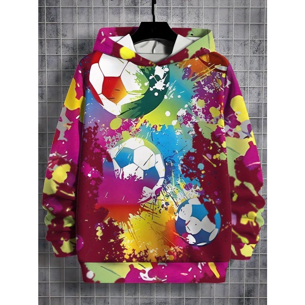 Boys' 3D digital printed splash football pattern hooded sweatshirt with bright color block design