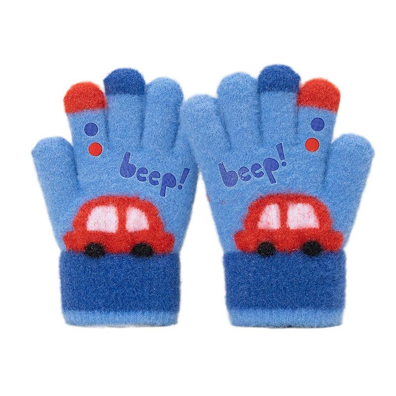Autumn and winter boys and children cartoon car kindergarten finger wool warm thickened cold children's knitted gloves