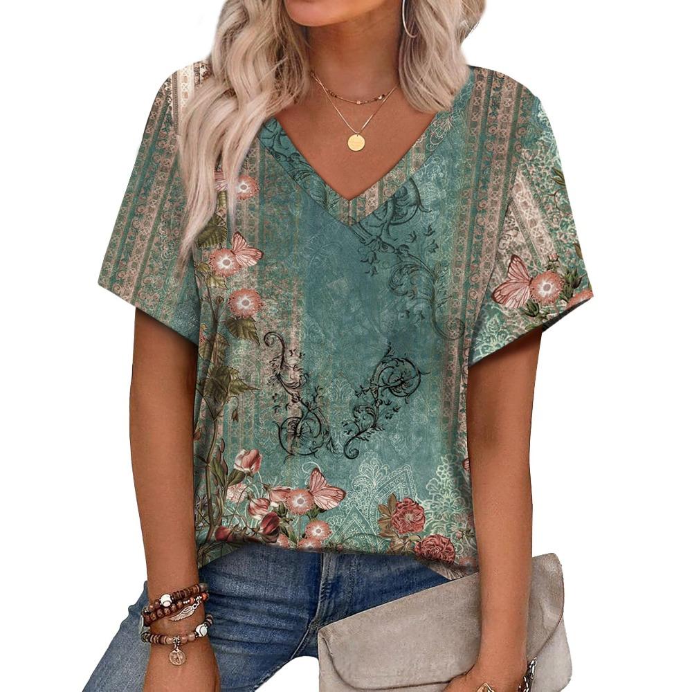 Fashion Leopard T-Shirts Floral Flower 3D Print Women Summer V-Neck Short Sleeve T Shirt Y2K Tees Harajuku Tops Female Clothing