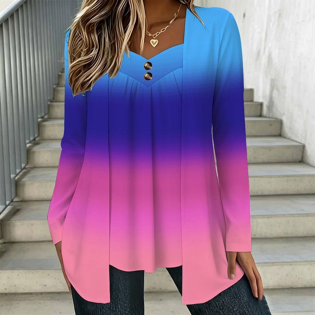 Women Plus Size Square Collar Long Sleeve T Shirt Double Layer Front Clay Tone Harvest Floral Printed Loose Top
