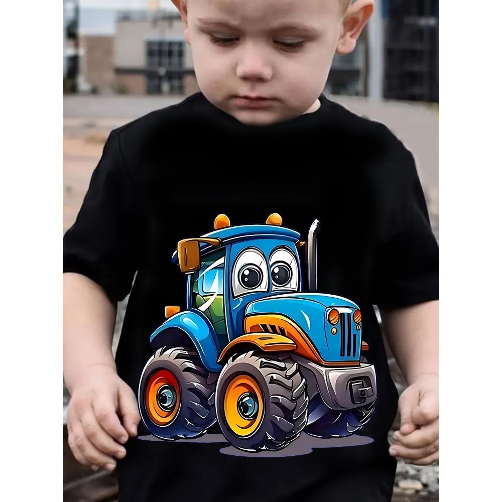 Summer Cute Letter Bulldozer Cool Print Childrens T Shirt Fashion Cotton Kids Short Sleeve Shirt Casual Boys Clothes Tees Tops