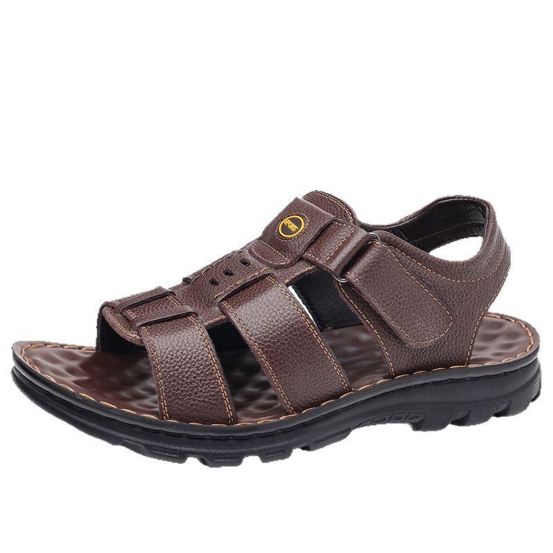 Men's Sandals Men's Leather Non-slip Beach Shoes Breathable Middle-aged and Elderly Men's Shoes Velcro Design Middle-aged Men's Shoes