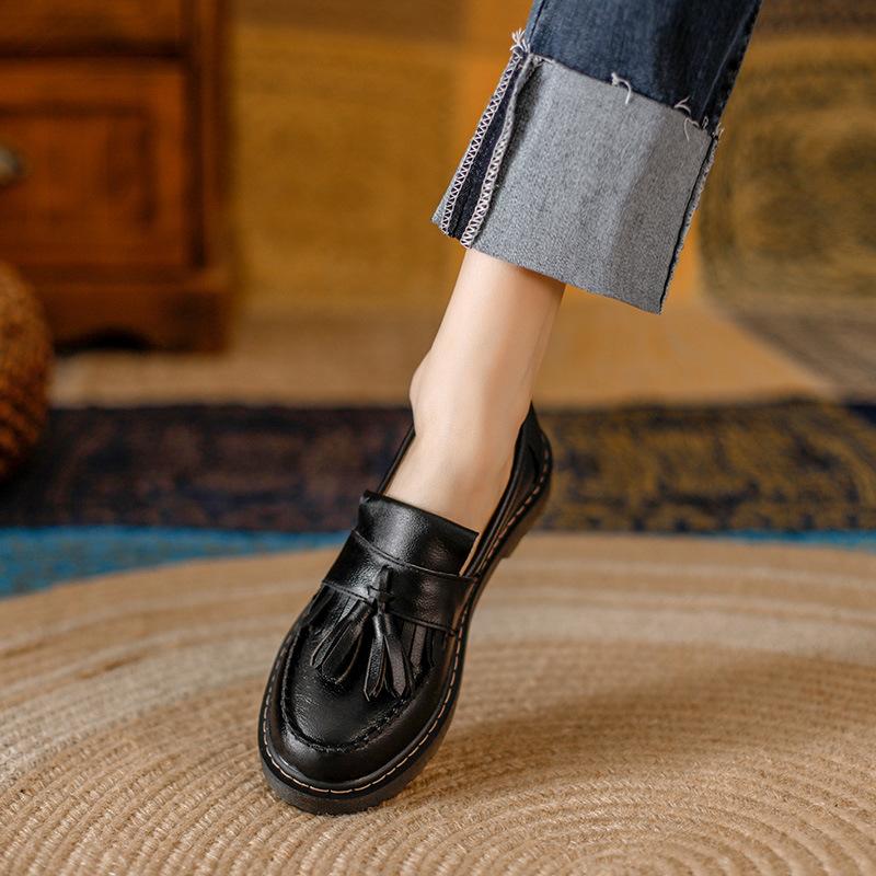 Leather Vintage Nostalgia Lolita Shoes Tassel Cowhide Loafers Women Shallow Student Maiden Shoes Pumps Mary Janes Shoes