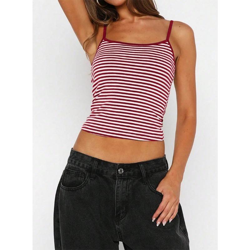 Damen gestreiftes quadratischer Ausschnitt schmal geschnitten Spaghettiträger Crop Camisole Tanktop