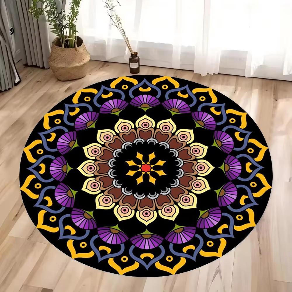 Mandala Round Rug Geometric Floor Carpet Art Deco Circle Mat Traditional Anti Slip Mat Black Area Rugs for Living Room