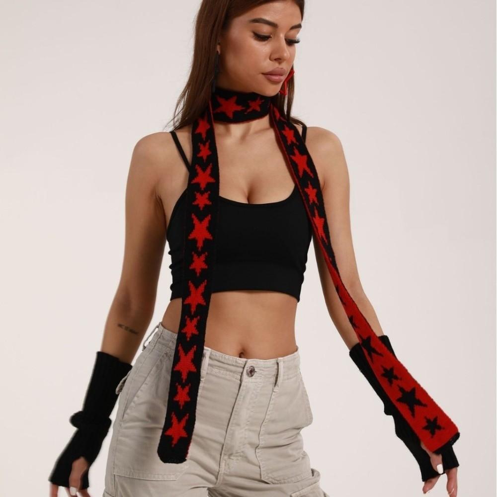 

Star Narrow Long Scarf Neck Warmer Two Colors Muffler Fashion Knitted Scarf Black&Red