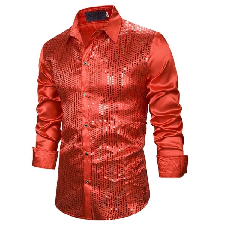 Men's Shines Sequins Long Sleeve Button Down Shirt for Halloween Cosplay 70s Disco Party Dress Shirt