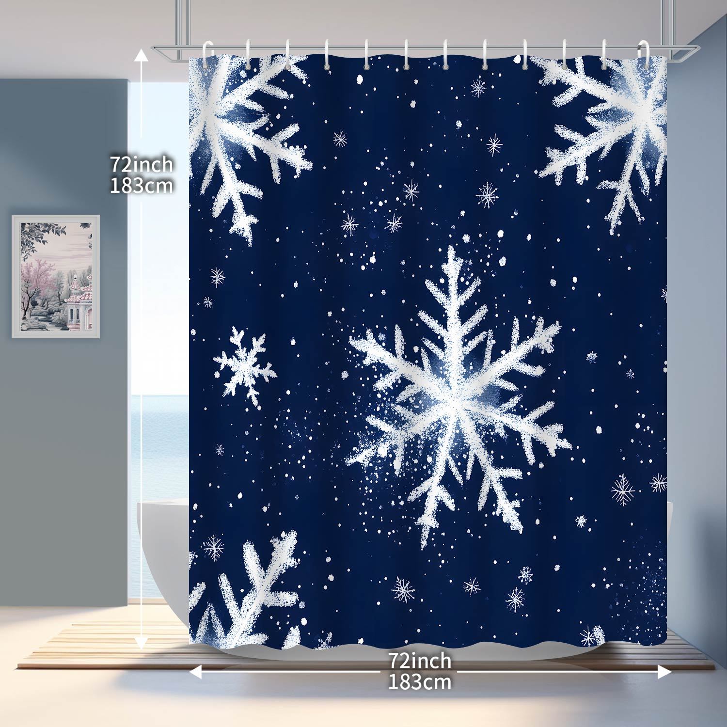 

Navy Snowflake Shower Curtain With Hooks – Elegant Machine-Washable Polyester Bathroom Decor For Winter Theme W60H190(CM)-1 Pcs