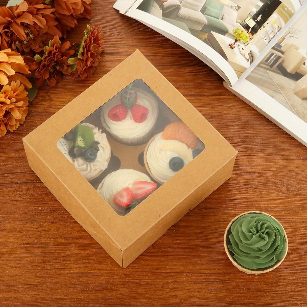 24 Stück/Packung, Cupcake-Box, die 4 Standard-Cupcakes aufnehmen kann, brauner Cupcake-Behälter mit Fenster und Einsatz, lebensmittelechtes Cupcake-Gestell