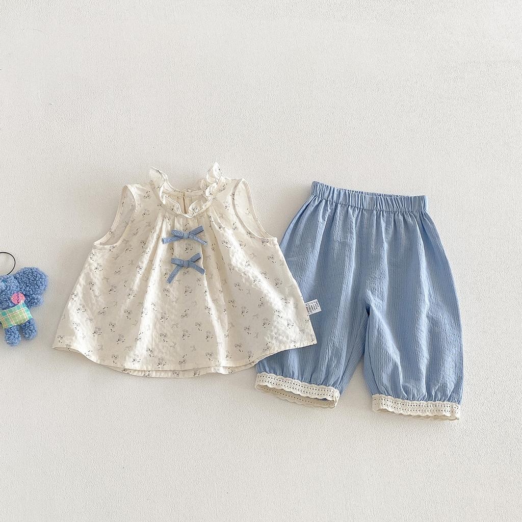 Baby Girl Summer Floral Bow Tank Top And Pants Set Infant Toddler Cool Breathable Two Piece Outfit Clothes