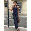 Women Navy Blue Striped Halter Backless Casual Commuter Cropped Jumpsuit