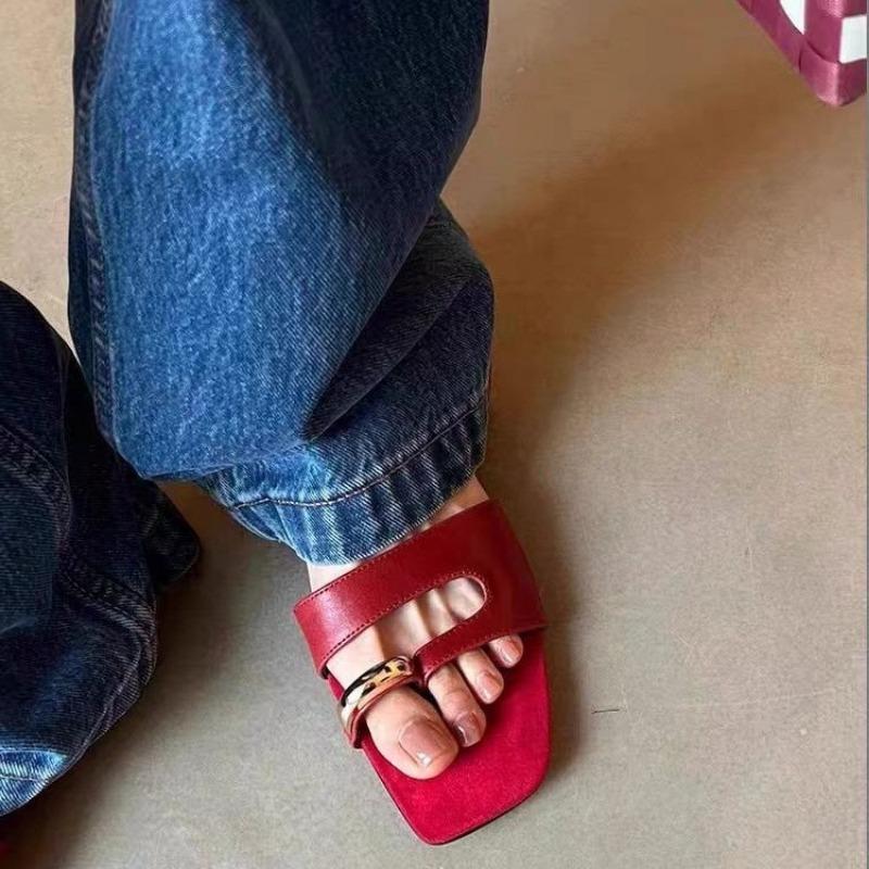 Women's Light Slippers Summer New Square Head Metal Buckle Cover Toe Soft Sole Anti-slip Wear-resistant Sandals
