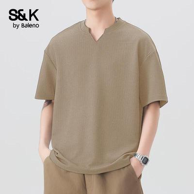Baleno Men's S&K Solid Vertical Stripe Texture Round Neck Short Sleeve T-Shirt