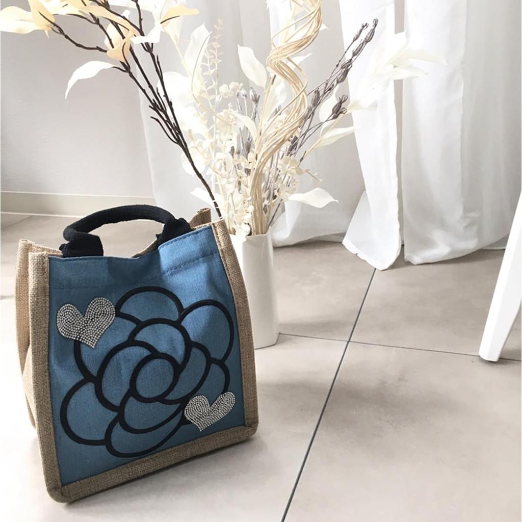 DIVA Rose Jute Bag for Women, Camellia Design, Stylish Linen Tote Bag, Basket Bag, Summer, Small, Lightweight Handbag, Camellia Jute Tote Bag (Light
