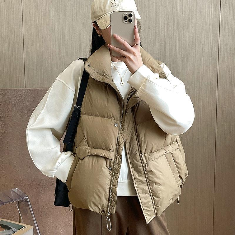 Women Light Weight Thermal Seamlessly Loose Sleeveless White Duck Down Jacket Waistcoat Pocket All Match Chic Stand Collar Vest