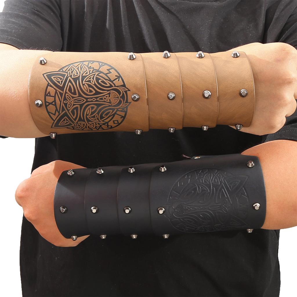Men Wolf Gauntlet Studs Wristband for Parties, Festivals Industrial Age Costume Brown Medieval Cosplay Gauntlet