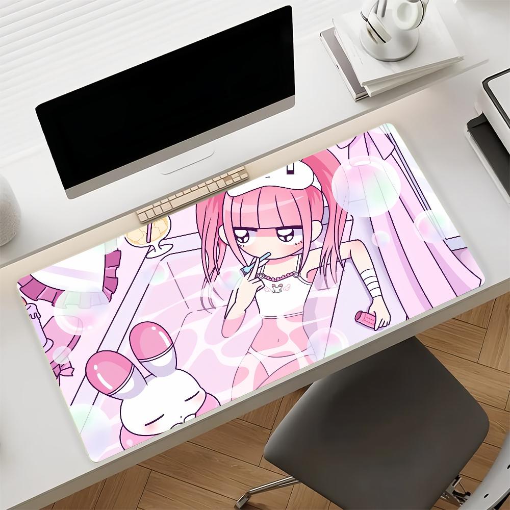 Gaming Mouse Pad Large Antislip Stitched Edges Cute Pink Kawaii Anime Girl Mat for PC Gamers and Daily Office Desk Use