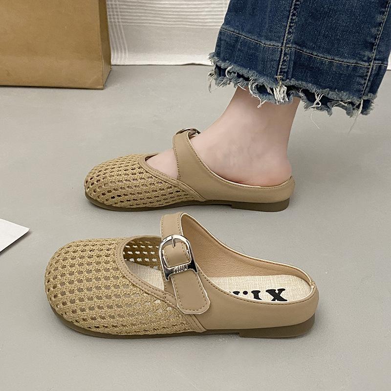 Hollow bag head half slippers women's breathable new summer mesh outer wear soft bottom slippers woven shallow mouth flat bottom sandals