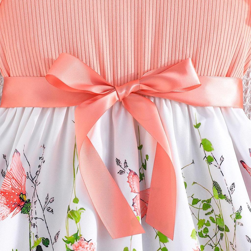 Girls' Butterfly Print Color Block Sleeveless Ruffle Dress with Belt